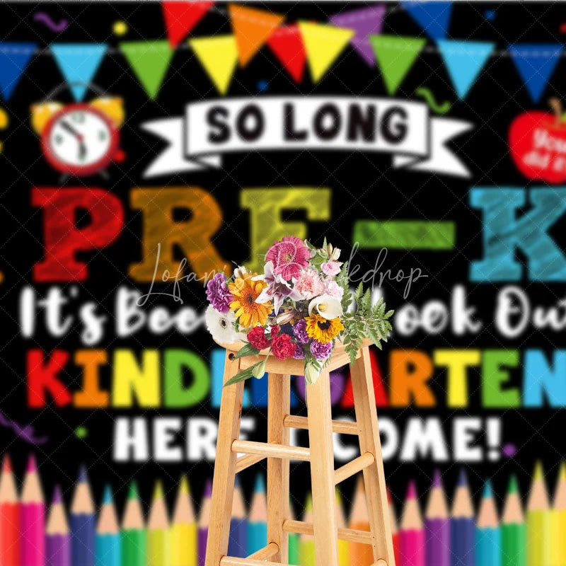 Lofaris So Long Pre-K Kindergarten Here I Come Graduation Backdrop Colorful School Elements Photo Background