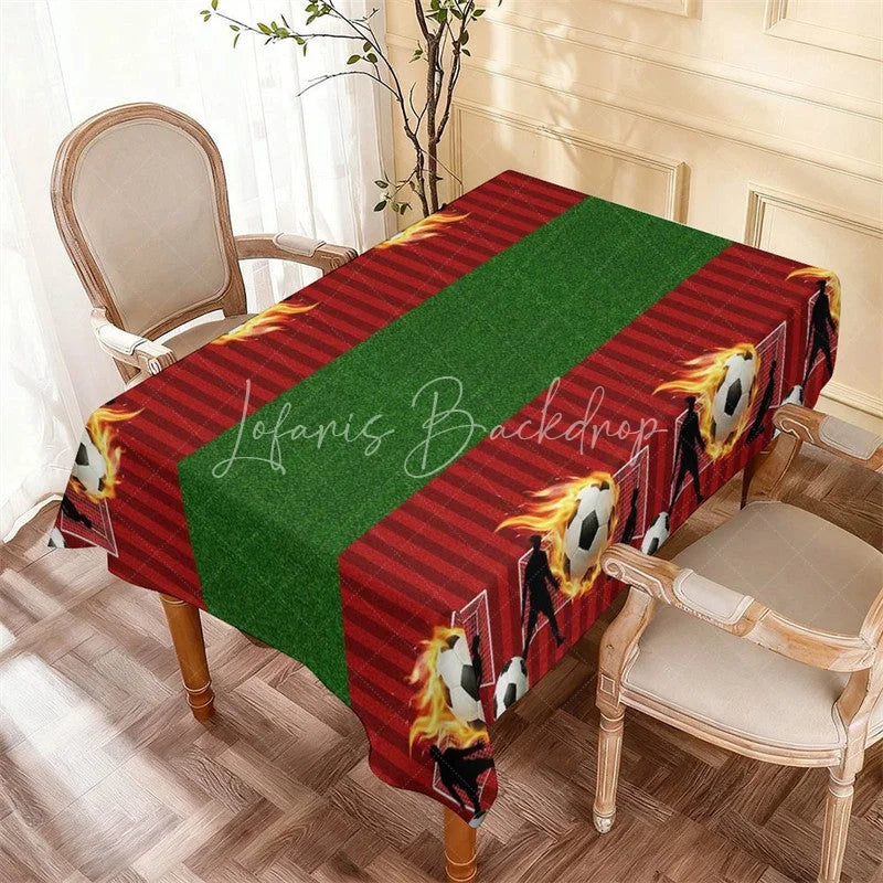Lofaris Soccer Field Flaming Ball Rectangle Tablecloth Green Grass Boys Birthday Party Table Cover