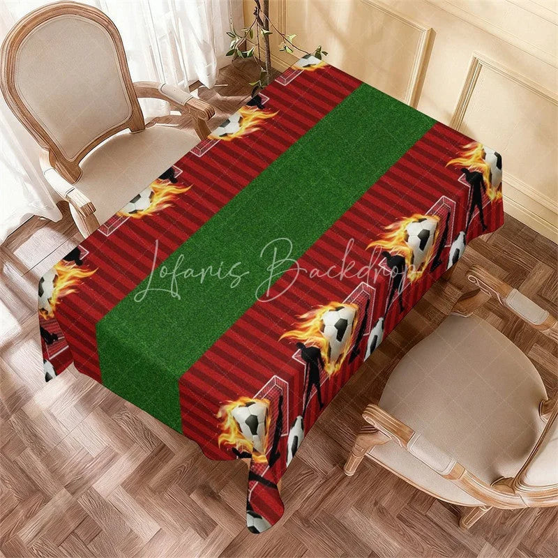 Lofaris Soccer Field Flaming Ball Rectangle Tablecloth Green Grass Boys Birthday Party Table Cover