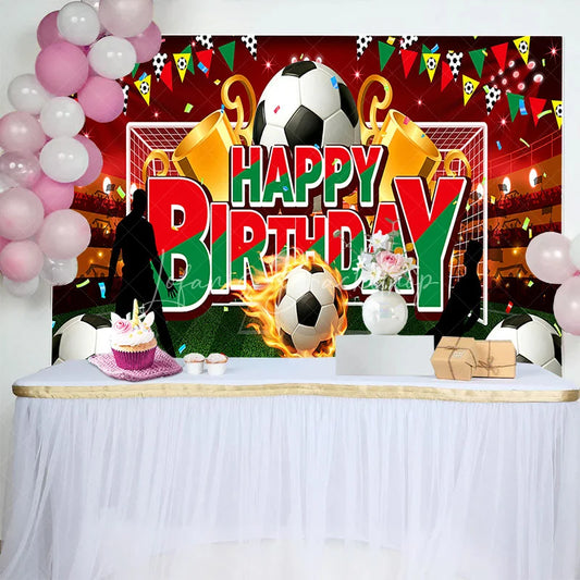 Lofaris Soccer Stadium Happy Birthday Backdrop Flaming Ball and Trophy Boys Party Photography Background