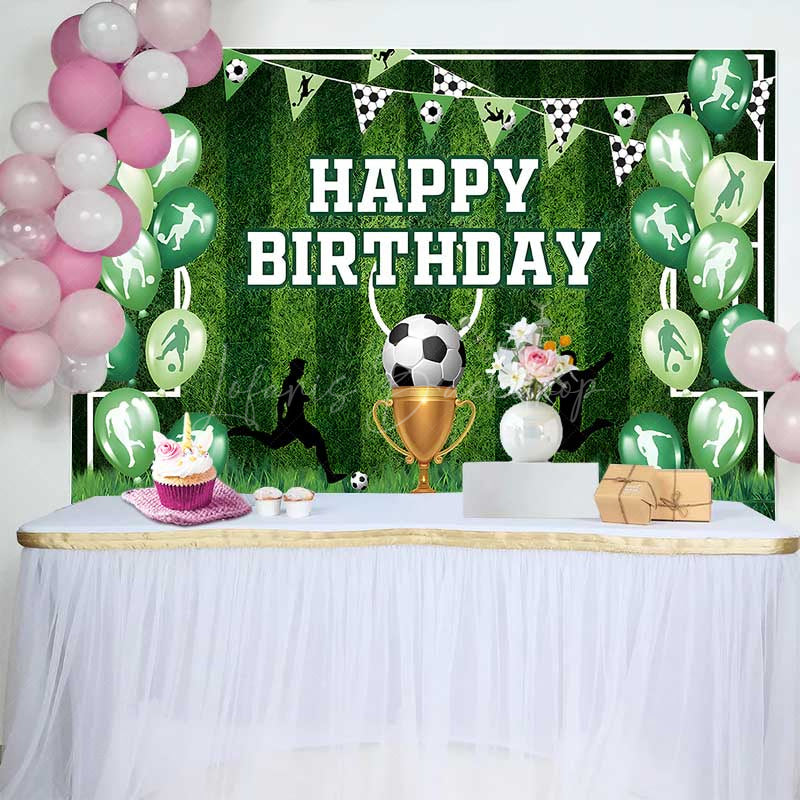 Lofaris Soccer Themed Birthday Party Backdrop Green Sports Field Banner for Boys Action Player and Trophy Photo Prop Decor
