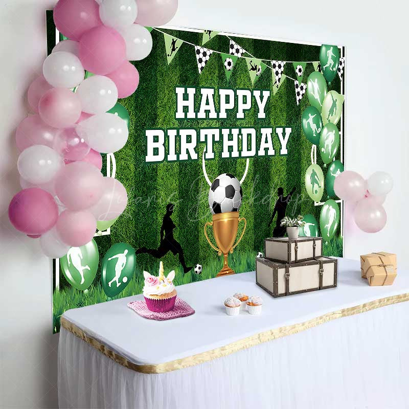 Lofaris Soccer Themed Birthday Party Backdrop Green Sports Field Banner for Boys Action Player and Trophy Photo Prop Decor