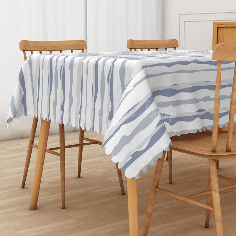 Lofaris Soft Blue and White Wavy Stripe Rectangle Tablecloth for Coastal Nautical Themed Dining Decor