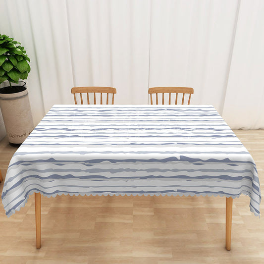 Lofaris Soft Blue and White Wavy Stripe Rectangle Tablecloth for Coastal Nautical Themed Dining Decor