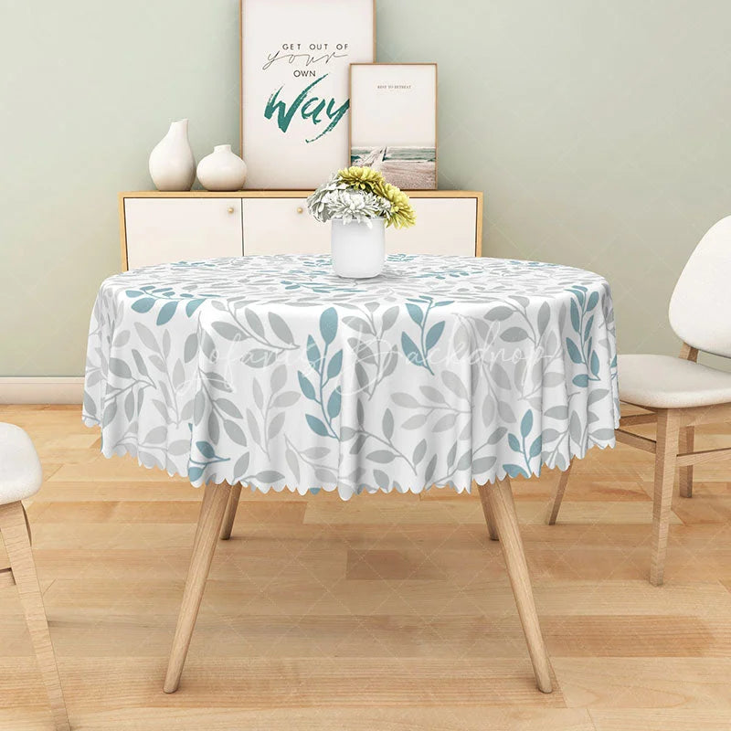 Lofaris Soft Blue-Grey Botanical Round Tablecloth with Scattered Leaf Sprigs for Serene and Modern Decor