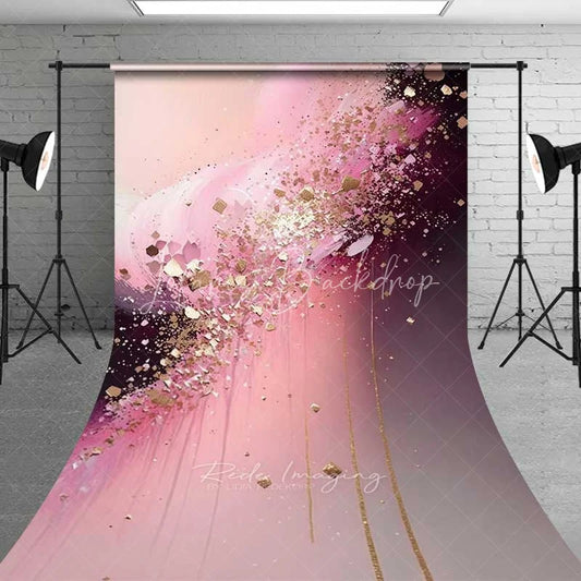 Lofaris Soft Pink and Burgundy Abstract Sweep Art Backdrop Luxury Gold Flakes Drips Photography Background