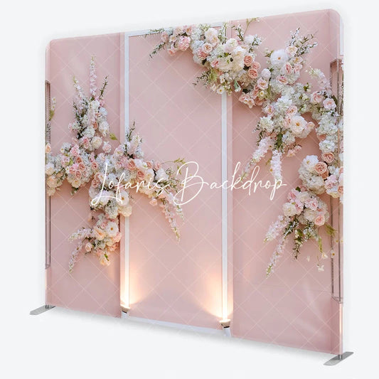 Lofaris Soft Pink Floral Arch Square Double-Sided Backdrop with White and Blush Flowers Elegant Wedding Decor