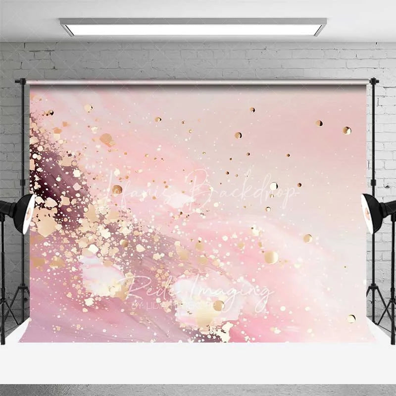 Lofaris Soft Pink Fluid Waves and Gold Confetti Backdrop Abstract Photography Background Elegant Party Decor