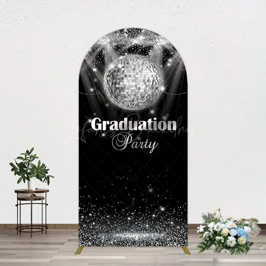 Lofaris Sparkle Black Silver Ball Graduation Arch Backdrop