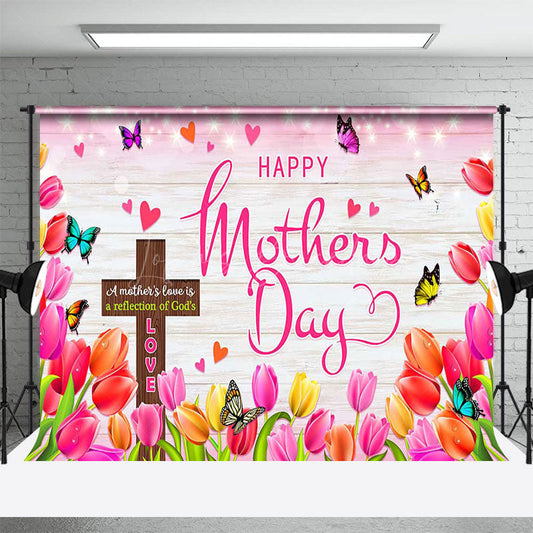 Lofaris Sparkle Cross Floral Wood Happy Mothers Day Backdrop