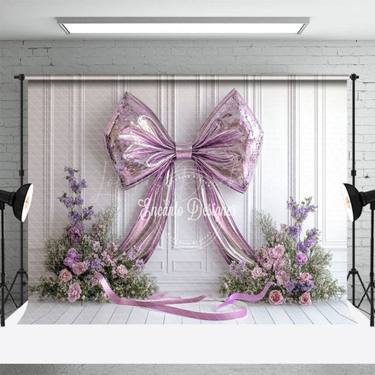 Lofaris Sparkle Purple Bow White Wall Floral Wedding Backdrop