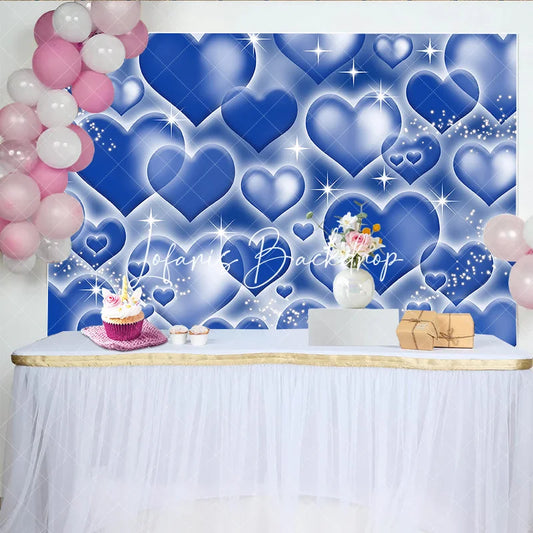 Lofaris Sparkling Blue Hearts Pattern Y2K Birthday Backdrop with Glowing Outlines and Glitter Dreamy Party Decor