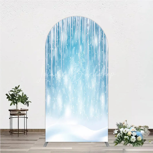 Lofaris Sparkling Blue Winter Wonderland Round Top Arch Backdrop with Icicles and Snowflakes Holiday Party Decor