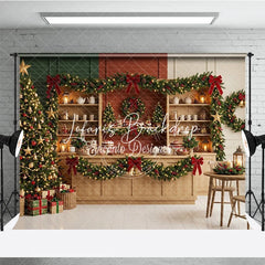 Lofaris Sparkling Christmas Tree with Golden Stars and Red Bow Garlands Holiday Backdrop Cozy Winter Celebration Decor