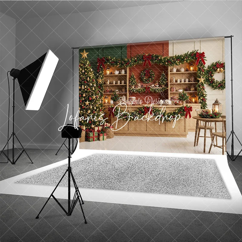 Lofaris Sparkling Christmas Tree with Golden Stars and Red Bow Garlands Holiday Backdrop Cozy Winter Celebration Decor