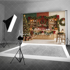 Lofaris Sparkling Christmas Tree with Golden Stars and Red Bow Garlands Holiday Backdrop Cozy Winter Celebration Decor