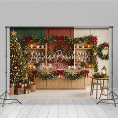 Lofaris Sparkling Christmas Tree with Golden Stars and Red Bow Garlands Holiday Backdrop Cozy Winter Celebration Decor