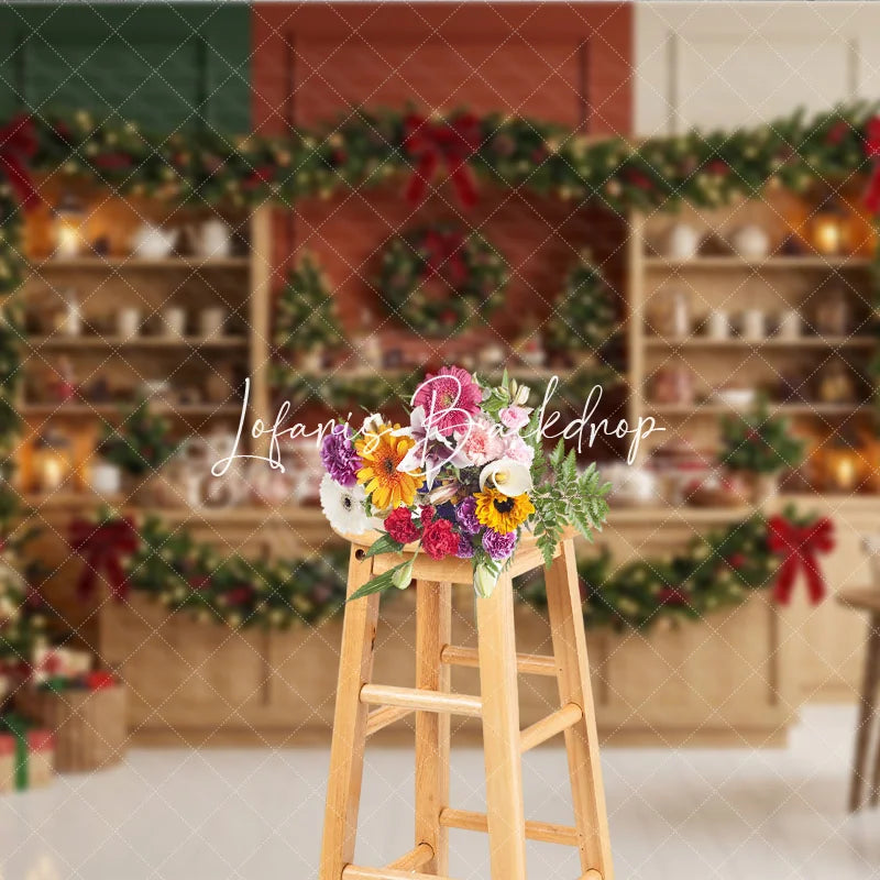 Lofaris Sparkling Christmas Tree with Golden Stars and Red Bow Garlands Holiday Backdrop Cozy Winter Celebration Decor