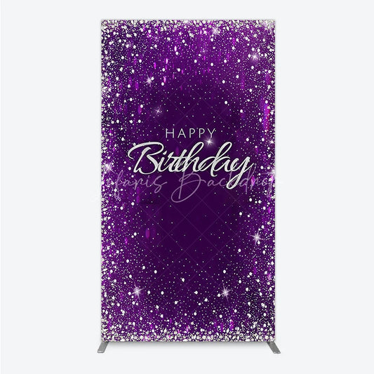 Lofaris Sparkling Deep Purple Silver Glitter Diamond Happy Birthday Rectangle Arch Backdrop Party Decor for Celebrations.