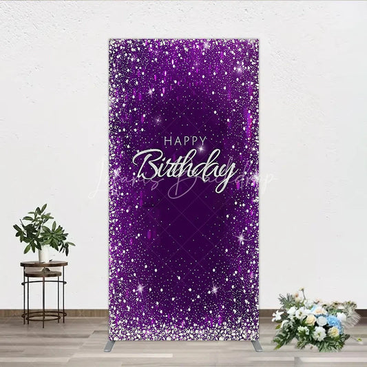 Lofaris Sparkling Deep Purple Silver Glitter Diamond Happy Birthday Rectangle Arch Backdrop Party Decor for Celebrations.