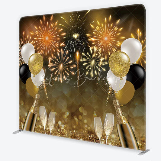 Lofaris Sparkling Gold Black White Fireworks and Champagne Square Double-Sided Backdrop New Year’s Eve Party Decor