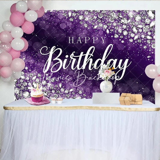 Lofaris Sparkling Purple and Silver Glitter Diamond Happy Birthday Backdrop Elegant Bokeh Celebration Party Decor