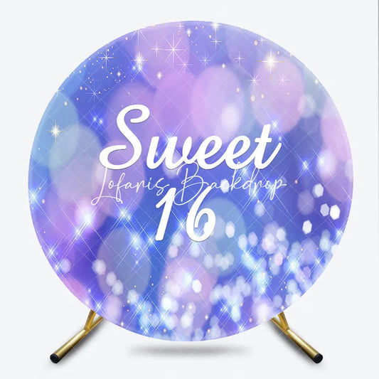 Lofaris Sparkling Purple Blue Bokeh Glitter Sweet 16 Round Backdrop Dreamy Stars Birthday Party Celebration Decor