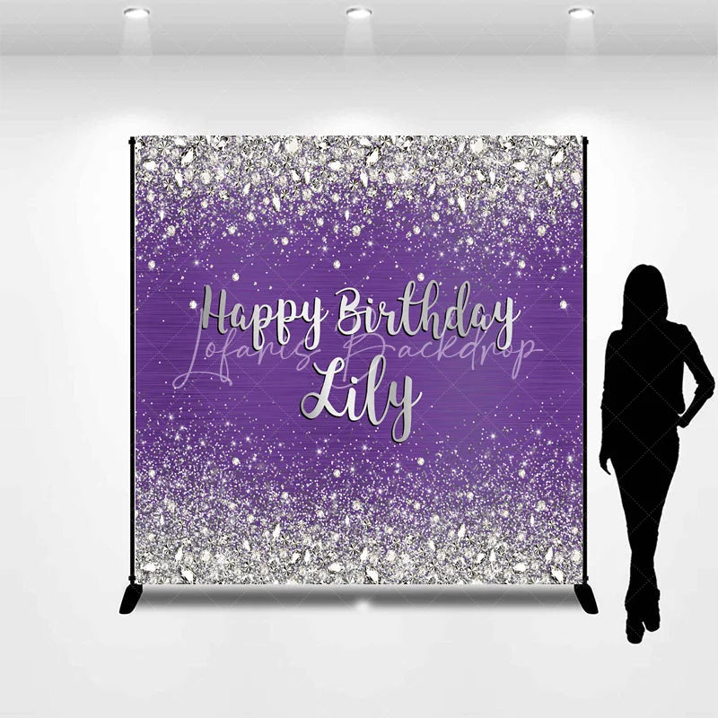Lofaris Sparkling Purple Silver Glitter Diamond Personalized Happy Birthday Custom Backdrop Elegant Party Decor