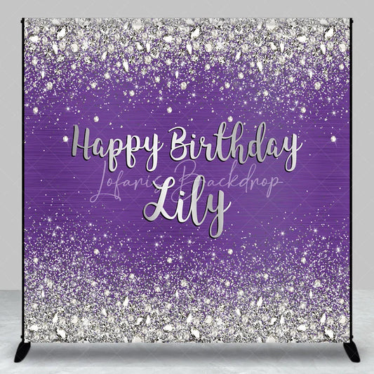 Lofaris Sparkling Purple Silver Glitter Diamond Personalized Happy Birthday Custom Backdrop Elegant Party Decor