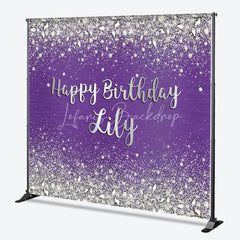 Lofaris Sparkling Purple Silver Glitter Diamond Personalized Happy Birthday Custom Backdrop Elegant Party Decor