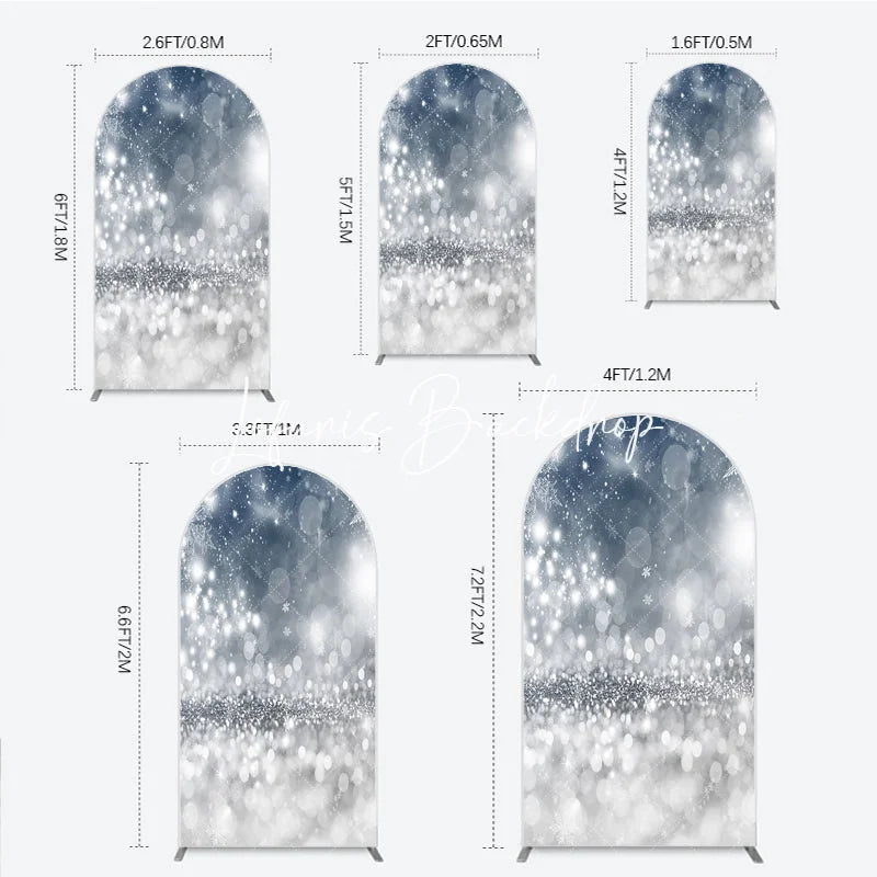 Lofaris Sparkling Silver Glitter and Blue Snowflakes Round Top Arch Backdrop Elegant Winter Holiday Party Decor