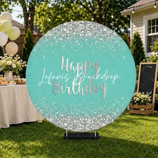 Lofaris Sparkling Teal and Silver Glitter Happy Birthday Round Backdrop Elegant Diamond Party Decoration for Celebrations