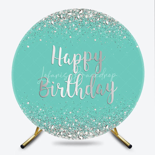 Lofaris Sparkling Teal and Silver Glitter Happy Birthday Round Backdrop Elegant Diamond Party Decoration for Celebrations