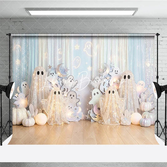 Lofaris Sparkling White Glitter Ghost Photography Backdrop Iridescent Pumpkins and Light Blue Halloween Decor