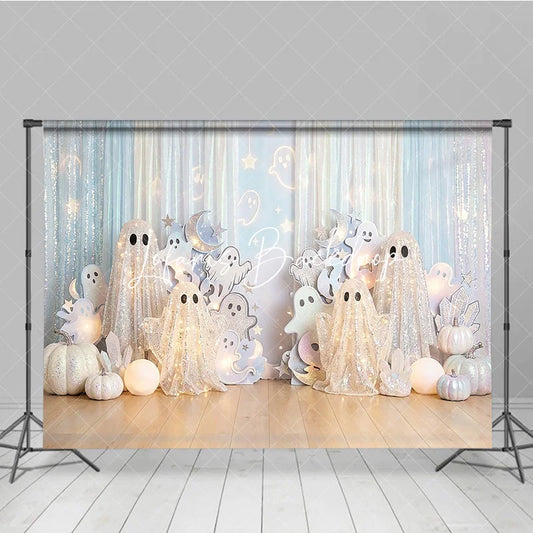 Lofaris Sparkling White Glitter Ghost Photography Backdrop Iridescent Pumpkins and Light Blue Halloween Decor