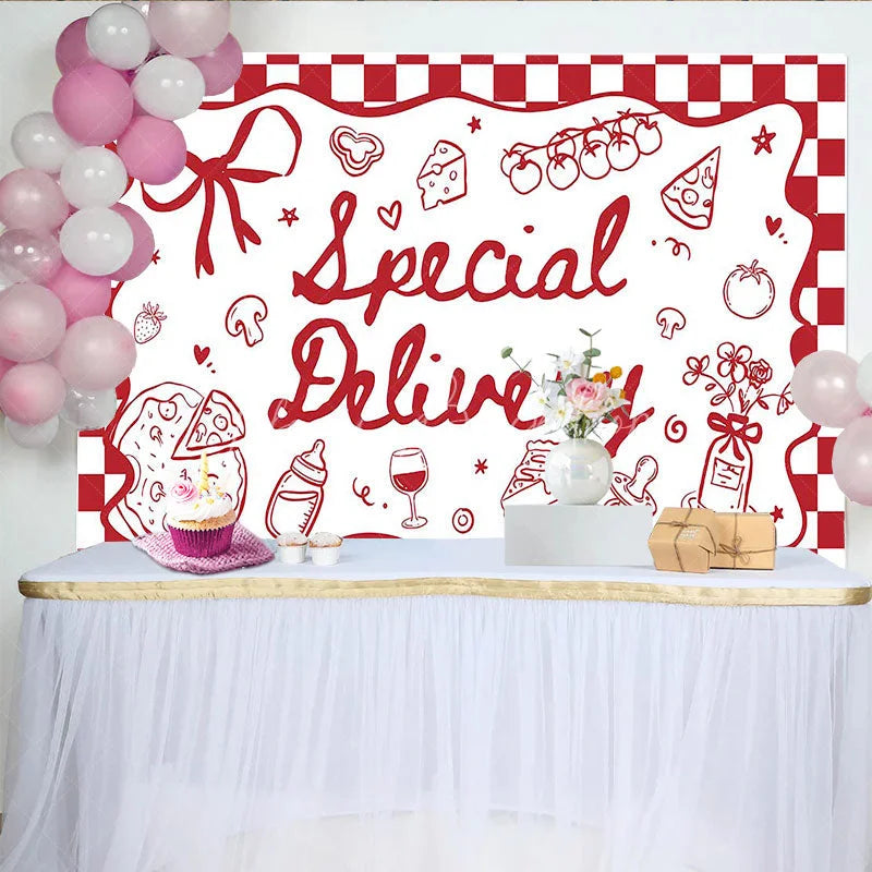 Lofaris Special Delivery Pizza Theme Baby Shower Backdrop Red Checkered Italian Food Party Decoration