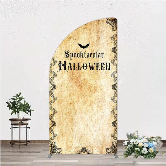 Lofaris Spooktacular Halloween Half Moon Arch Backdrop Vintage Gothic Border with Bats Old Parchment Paper Themed Party Decor
