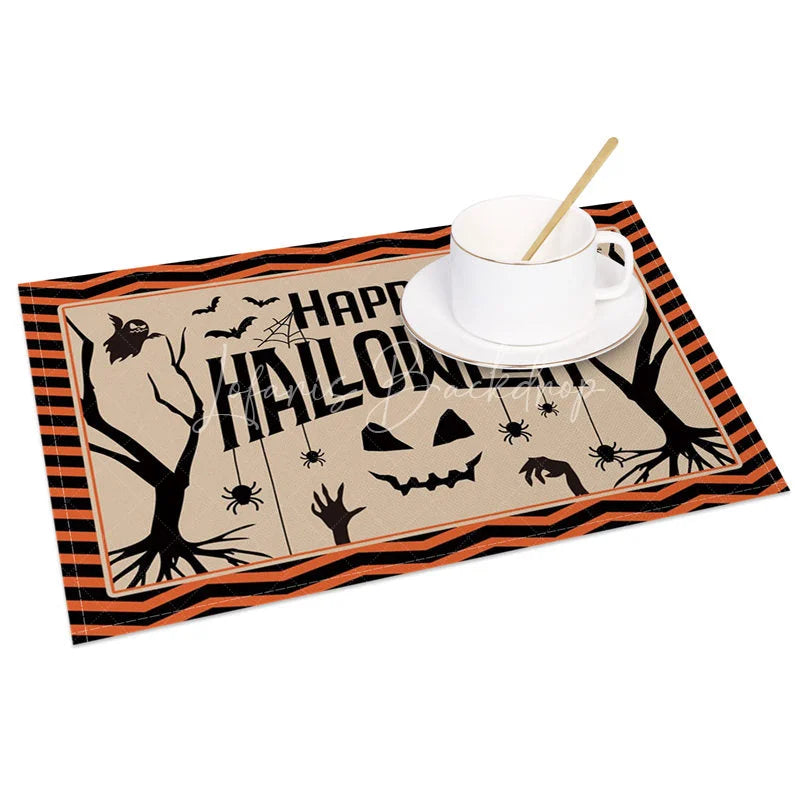 Lofaris Spooky Bat Halloween Set of 4 Placemats with Black and Orange Frame for Holiday Party Decorations