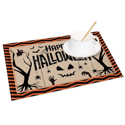 Lofaris Spooky Bat Halloween Set of 4 Placemats with Black and Orange Frame for Holiday Party Decorations