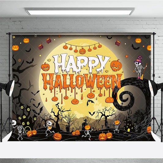 Lofaris Spooky Black and Orange Happy Halloween Holiday Backdrop featuring a Glowing Full Moon Playful Skeletons