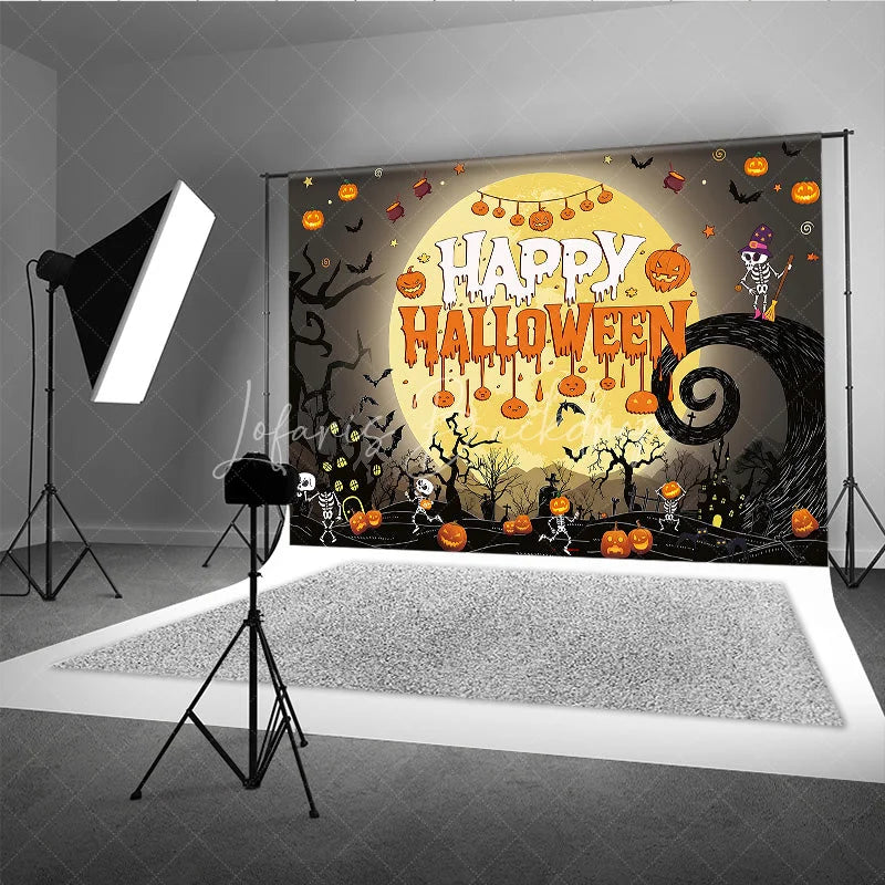 Lofaris Spooky Black and Orange Happy Halloween Holiday Backdrop featuring a Glowing Full Moon Playful Skeletons