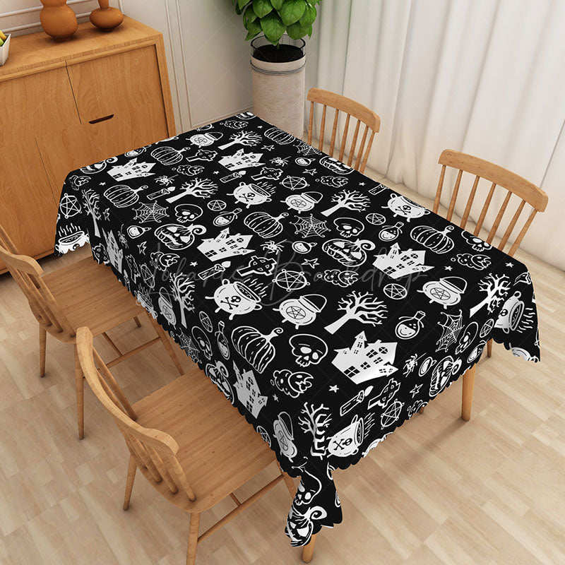 Lofaris Spooky Black Halloween Rectangle Tablecloth with Bats and Spider Webs for Gothic Haunted House Dining Decor