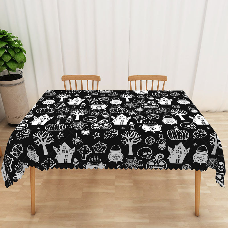 Lofaris Spooky Black Halloween Rectangle Tablecloth with Bats and Spider Webs for Gothic Haunted House Dining Decor
