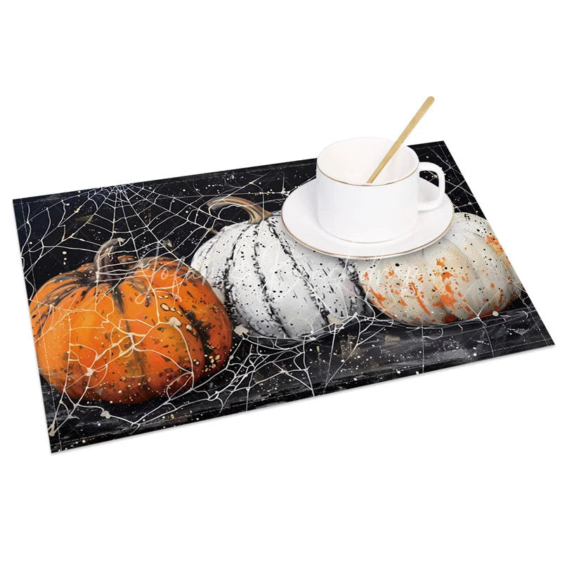 Lofaris Spooky Black Pumpkin and Spiderweb Halloween Set of 4 Placemats for Gothic Haunted House Decor
