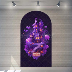 Lofaris Spooky Castle Halloween Arch Backdrop Haunted Party Decor with Bat Spider Web Happy Photo Prop for Indoor Outdoor