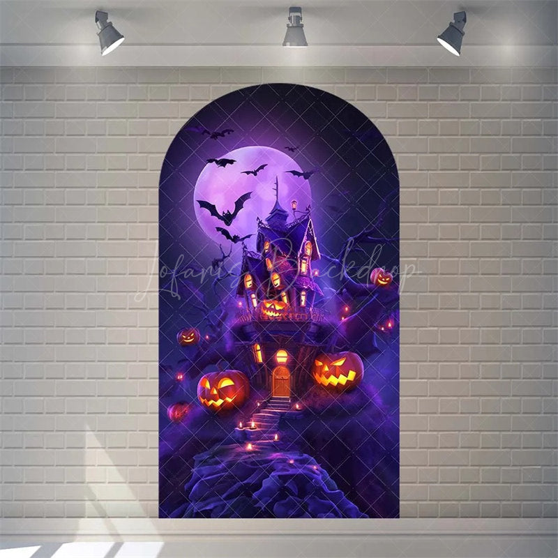 Lofaris Spooky Castle Halloween Arch Backdrop Haunted Party Decor with Bat Spider Web Happy Photo Prop for Indoor Outdoor