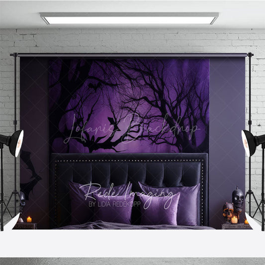 Lofaris Spooky Forest Wall Art Photography Backdrop Purple Halloween Scene with Bats Dark Moody Bedroom Photo Prop