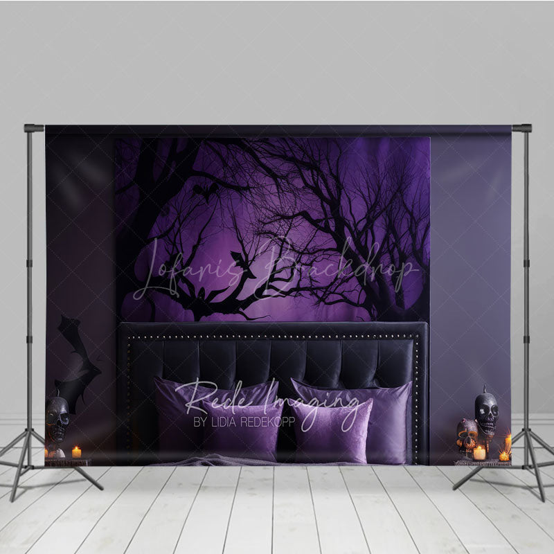 Lofaris Spooky Forest Wall Art Photography Backdrop Purple Halloween Scene with Bats Dark Moody Bedroom Photo Prop
