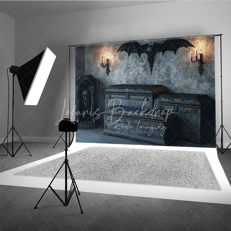 Lofaris Spooky Gothic Vampire Coffin and Skull Holiday Backdrop Dark Haunted Castle Theme Party Decor with Candles