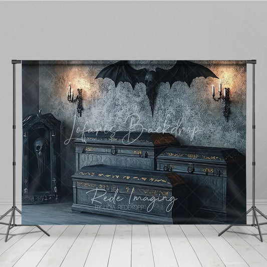 Lofaris Spooky Gothic Vampire Coffin and Skull Holiday Backdrop Dark Haunted Castle Theme Party Decor with Candles